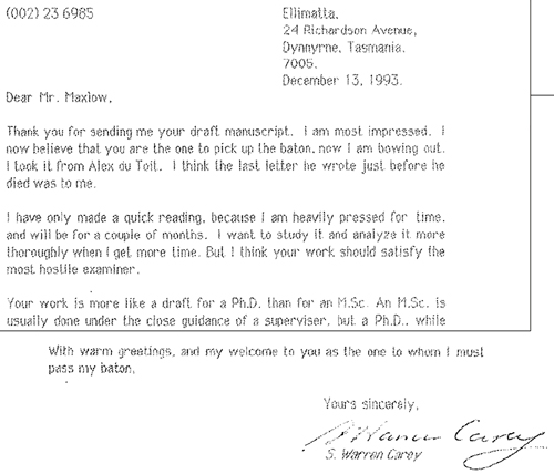 Letter (1993) from Professor Carey making comment on James’ M.Sc. manuscript, and offering to pass on his Expanding Earth baton.